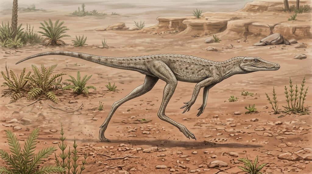 Chamado de “crocodilo galgo”, o animal viveu há 215 milhões de anos e tinha pernas longas para correr. Seu fóssil ficou guardado desde 1969