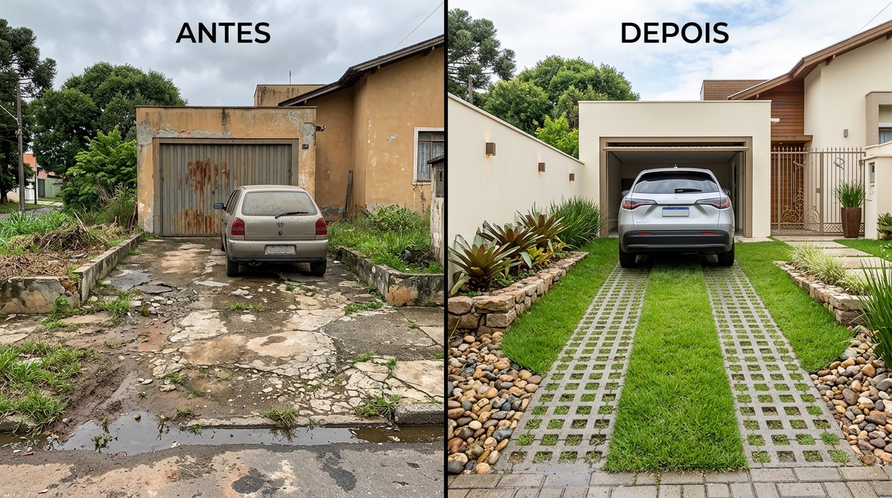 Adeus à garagem totalmente pavimentada: tendência dos anos 50 volta com força e recupera faixas de jardim para facilitar a absorção da chuva