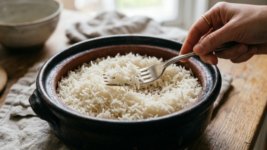 Chefs de cozinha afirmam: “Para o arroz ficar soltinho, não mexa depois de adicionar a água, mas deixe a panela quieta por cerca de 15 minutos até secar”