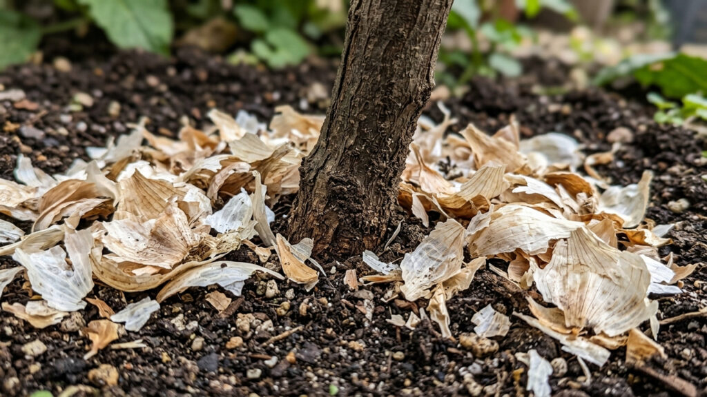 Espalhar cascas de alho trituradas ao redor do caule: o truque simples de adubação que impede o ataque de brocas nas raízes do jardim