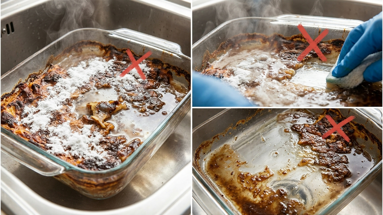 Sem esponja de aço, nem riscos no vidro: a melhor forma de tirar crostas queimadas da assadeira usando água bem quente com bicarbonato