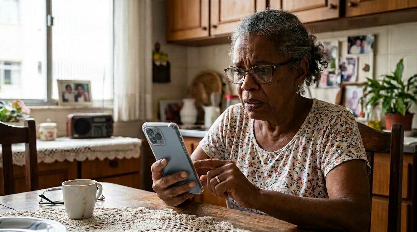 Avó recebe áudio com a voz do neto pedindo Pix de R$ 3 mil para pagar o guincho, estranha uma palavra e descobre que a voz foi clonada por inteligência artificial com 30 segundos de vídeo do Instagram.