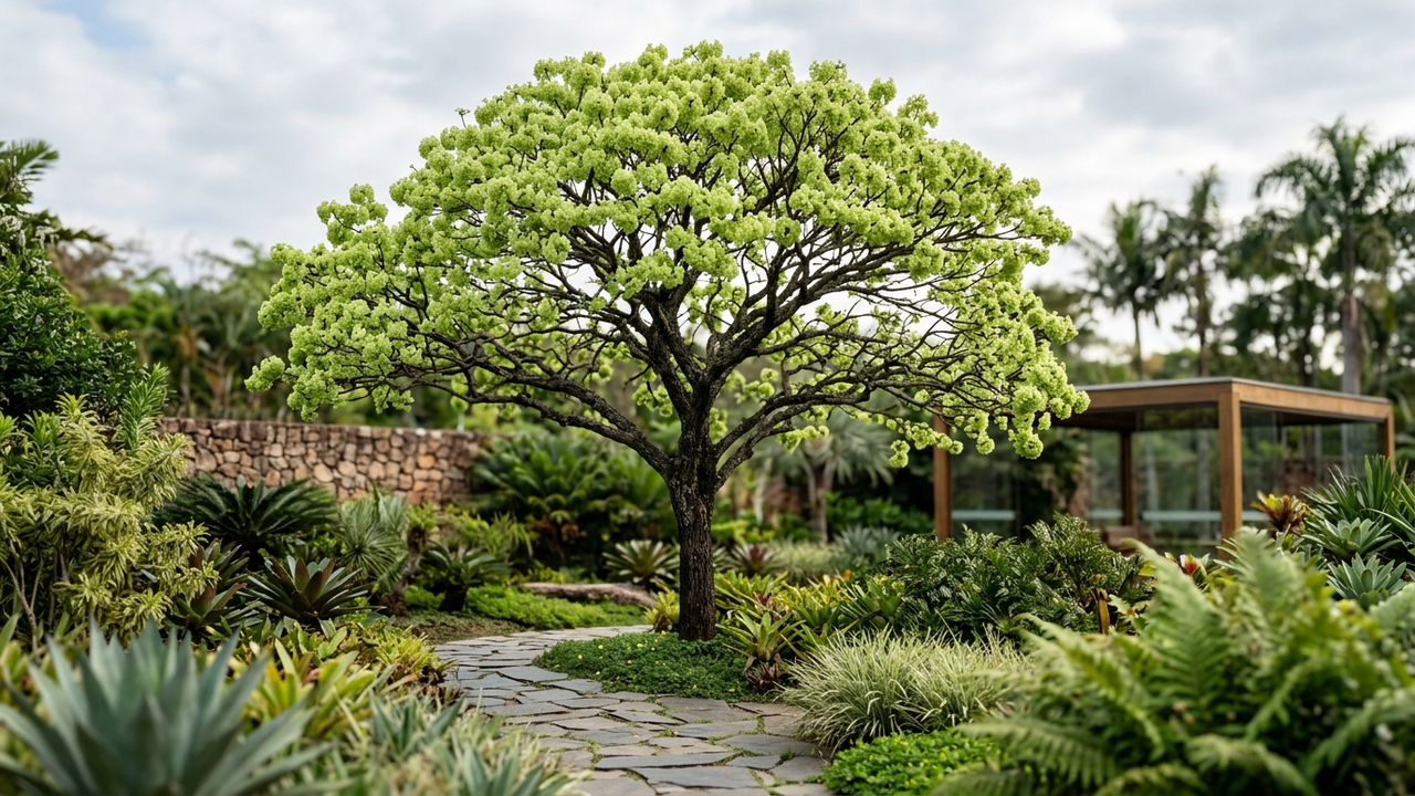 Essa árvore rara nativa do Brasil produz flores em tom verde-pistache: de porte elegante, ela é a grande joia dos jardins conceituais