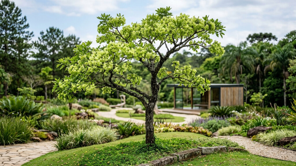 Essa árvore rara nativa do Brasil produz flores em tom verde-pistache: de porte elegante, ela é a grande joia dos jardins conceituais