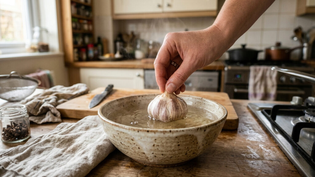 Mergulhar a cabeça de alho inteira em água morna: o truque simples de cozinha que solta todas as cascas em poucos segundos sem esforço
