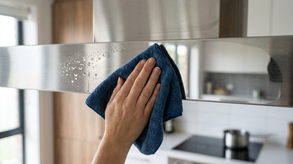 Passar gotas de óleo de bebê na coifa de inox com pano: a película invisível que repele poeira, gordura e marcas de dedos por semanas a fio