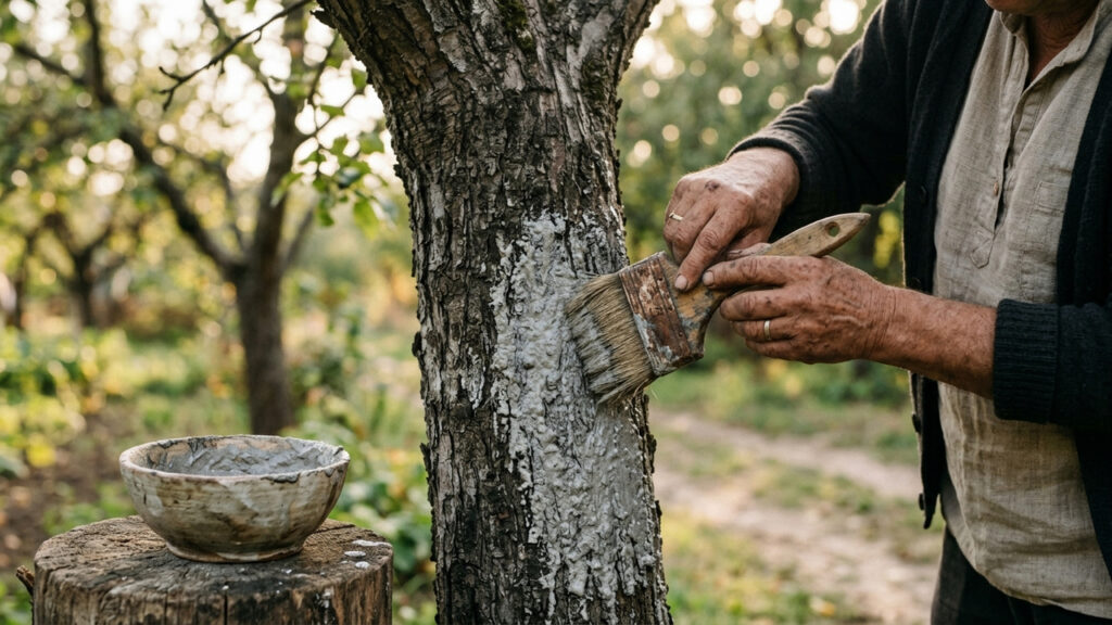 Pincelar pasta de água com cinzas no tronco de frutíferas: o método tradicional de barreira física que impede a broca de perfurar a madeira