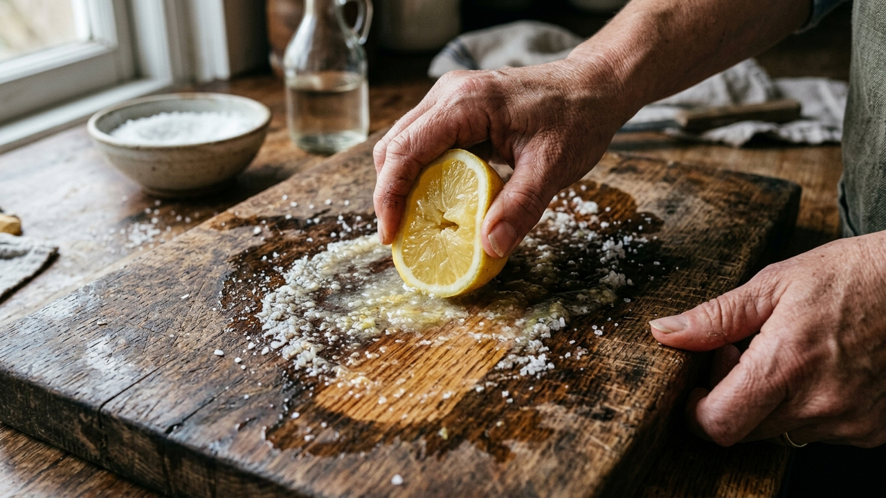 Esfregar limão com sal grosso e vinagre na tábua de corte: o truque caseiro que higieniza a madeira profundamente e remove odores fortes de carne