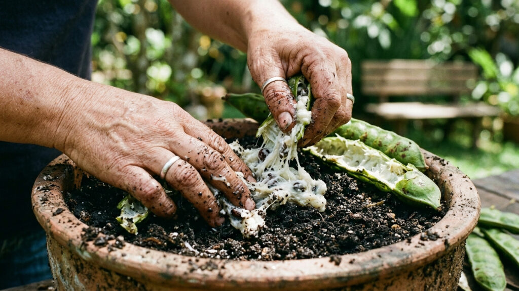 Vagem de ingá triturada na terra do vaso: como os açúcares complexos dessa fruta alimentam fungos benéficos que aceleram as raízes