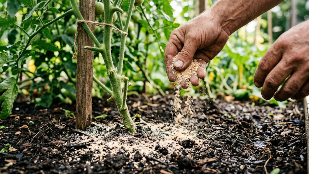 O truque caseiro simples com pó de cascas de ovos assadas no forno para enriquecer a terra com cálcio e evitar a podridão preta dos tomates