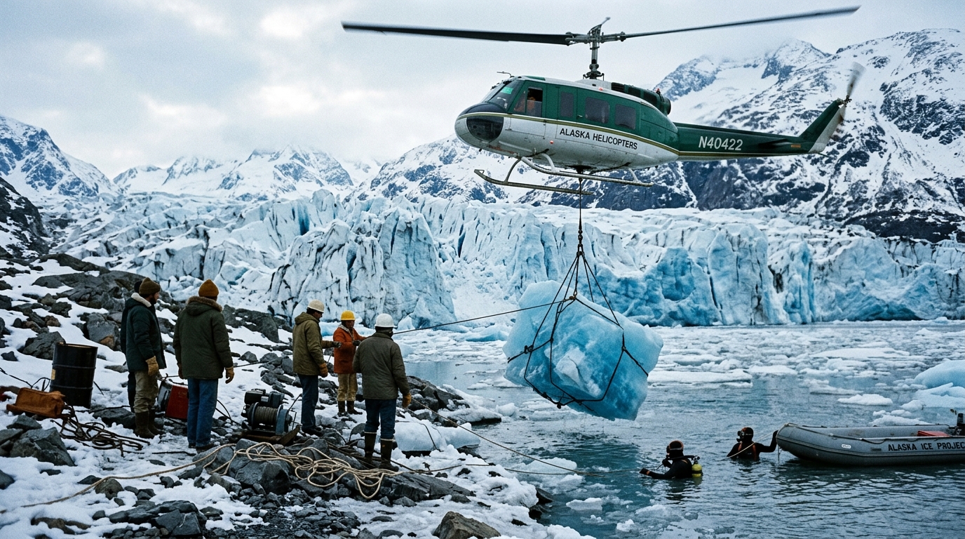 Em 1977, levaram um bloco de gelo de mais de uma tonelada do Alasca até Iowa para estudar se os icebergs poderiam se tornar uma fonte de água doce