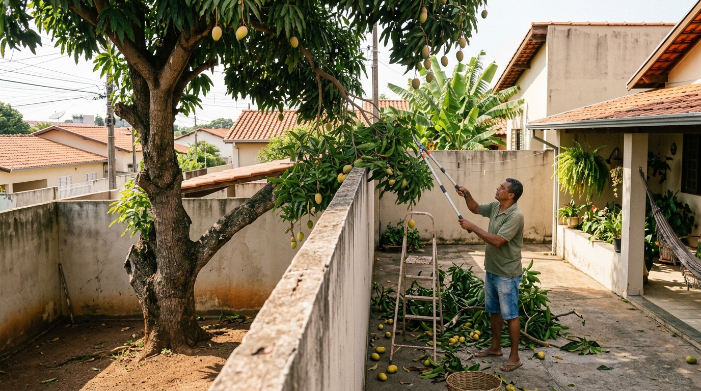 Vizinho vê os galhos do pé de manga do outro invadirem o seu quintal, corta tudo por conta própria achando que está no seu direito, e descobre até onde a lei realmente deixa podar e de quem são as frutas que caem no chão