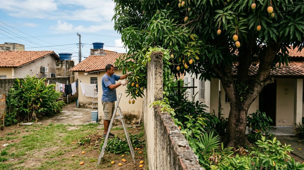 Vizinho vê os galhos do pé de manga do outro invadirem o seu quintal, corta tudo por conta própria achando que está no seu direito, e descobre até onde a lei realmente deixa podar e de quem são as frutas que caem no chão