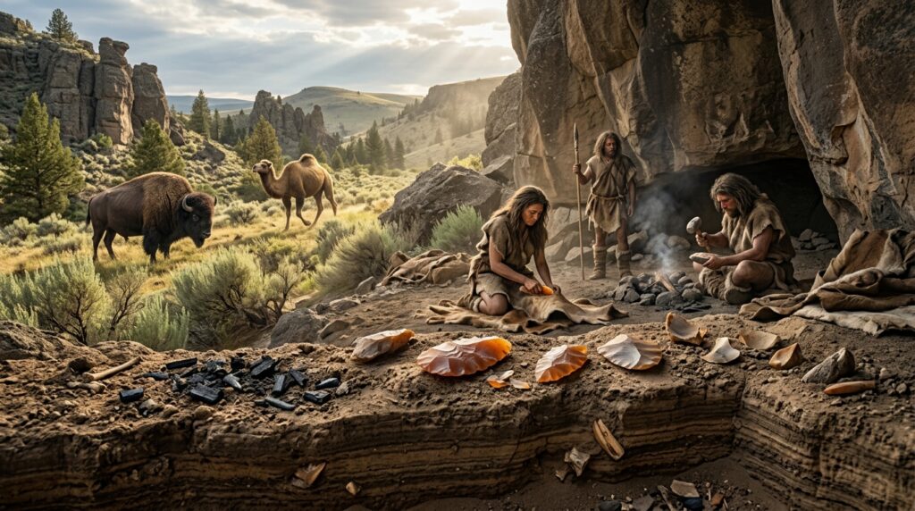 Crie uma imagem cinematográfica, hiper-realista e extremamente detalhada inspirada nas descobertas arqueológicas do sítio Rimrock Draw, no estado do Oregon, Estados Unidos, durante o final da Era do Pleistoceno, há aproximadamente 18.250 anos. Mostre um abrigo rochoso natural em uma paisagem selvagem do noroeste da América do Norte, com grandes formações de rocha, solo sedimentar exposto e sinais de uma antiga ocupação humana. No primeiro plano, destaque ferramentas de pedra primitivas, especialmente raspadores feitos de ágata alaranjada, cuidadosamente posicionados sobre o solo arqueológico. Ao redor do abrigo, represente um pequeno grupo de humanos pré-históricos utilizando ferramentas de pedra para atividades de sobrevivência e caça, com aparência realista e roupas rudimentares feitas de peles de animais. Eles devem parecer habitantes humanos do Pleistoceno, sem características modernas. Inclua ao fundo animais da megafauna do período, especialmente um grande bisão antigo e um camelo pré-histórico, representados de maneira cientificamente plausível e integrados naturalmente à paisagem. Os animais não devem parecer monstros ou criaturas fantasiosas. Mostre claramente diferentes camadas de sedimentos no solo do abrigo, sugerindo uma escavação arqueológica e a preservação dos objetos durante milhares de anos. Inclua pequenos fragmentos de dentes fossilizados e ossos parcialmente expostos no sedimento. A atmosfera deve transmitir a sensação de uma descoberta arqueológica extraordinária e muito antiga. Iluminação natural dramática de fim de tarde, raios de sol atravessando parcialmente o abrigo, poeira suspensa no ar, sombras realistas, textura detalhada das rochas, terra e ferramentas. Estilo visual: documentário arqueológico de alto orçamento, hiper-realismo fotográfico, cinematográfico, escala épica, iluminação natural, profundidade de campo realista, texturas extremamente detalhadas, composição profissional, aparência de fotografia capturada por uma câmera cinematográfica de alta resolução. Composição horizontal 16:9, enquadramento amplo, qualidade 4K/8K, foco nítido nos artefatos arqueológicos em primeiro plano e profundidade mostrando o abrigo, os humanos e a megafauna. NÃO incluir texto, letras, títulos, logotipos, marcas d'água, placas, equipamentos modernos, prédios modernos, roupas modernas, armas modernas, veículos, máquinas ou elementos de fantasia.