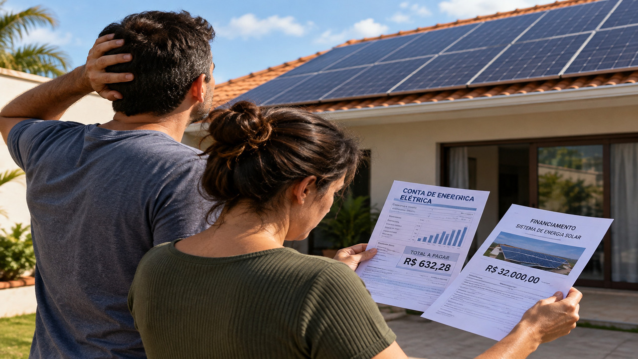 Casal instala painel solar de R$ 32 mil financiado para reduzir a conta de luz, no terceiro mês a distribuidora muda a regra de compensação e a economia prometida pela empresa cai pela metade