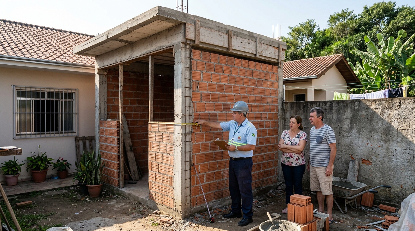 Casal começa a construir a edícula colada no muro do vizinho, acredita que dentro do próprio lote não precisa deixar recuo, e a prefeitura embarga a obra explicando o que o Código de Obras exige