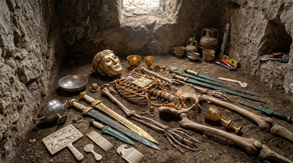 Túmulo de um guerreiro de 3.500 anos na Grécia surpreendeu com mais de 1.400 objetos de ouro, armas e joias