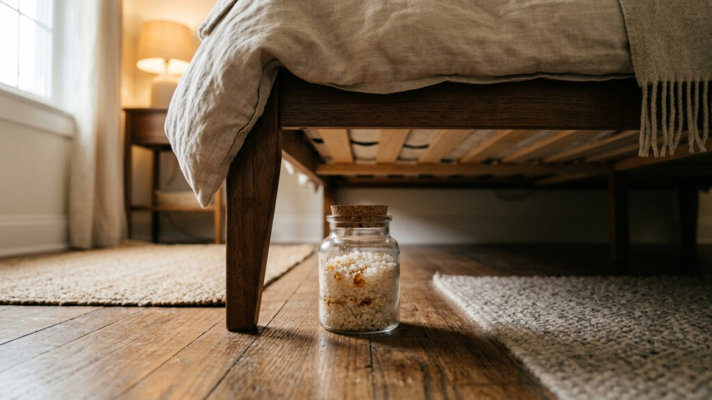 Colocar pote com sal grosso e óleos essenciais debaixo da cama: o truque simples que puxa a umidade do piso e deixa o quarto perfumado por semanas