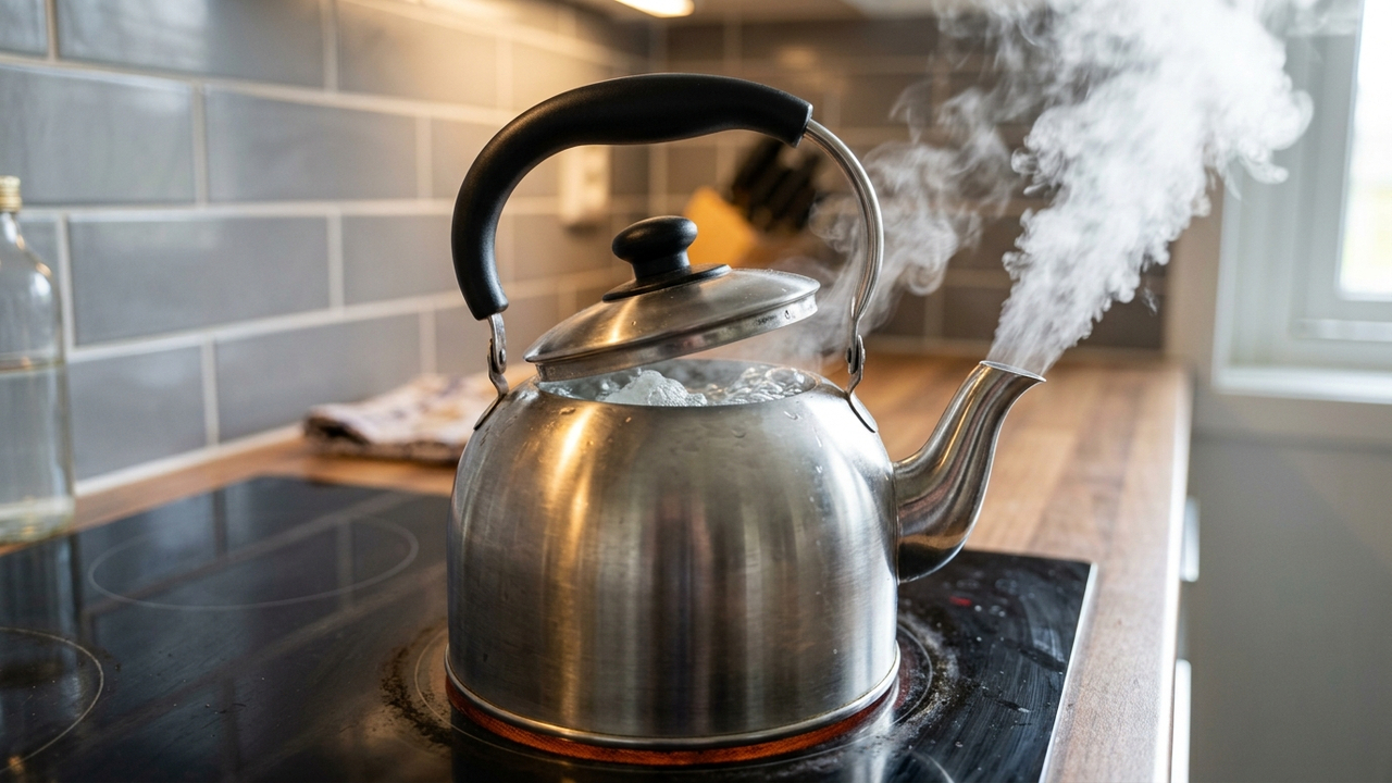 Ferver água com uma xícara de vinagre no bule de inox: a reação simples que derrete crostas de calcário e café sem precisar de palha de aço