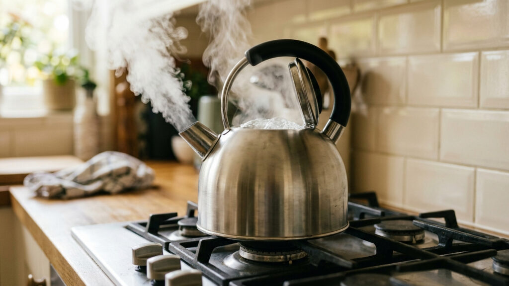 Ferver água com uma xícara de vinagre no bule de inox: a reação simples que derrete crostas de calcário e café sem precisar de palha de aço