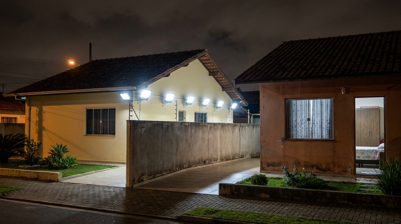 Vizinho instala oito holofotes de LED apontados para o quarto do casal ao lado por briga de vaga na garagem, perde ação por ato emulativo e paga R$ 900 por dia até apagar as luzes