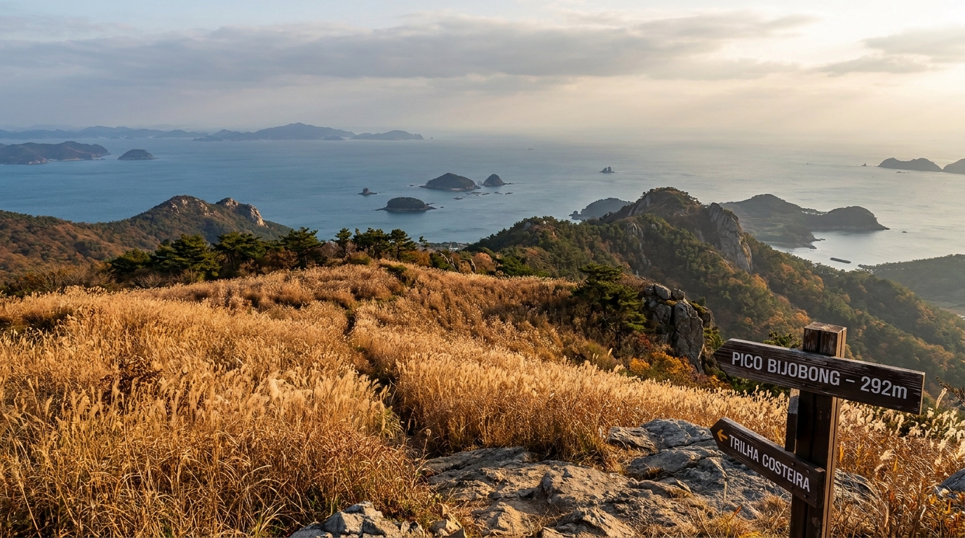 Com apenas 292 metros de altitude, esse morro tem um mirante de onde se avistam quatro ilhas ao mesmo tempo, e no outono a encosta fica coberta por um capinzal dourado