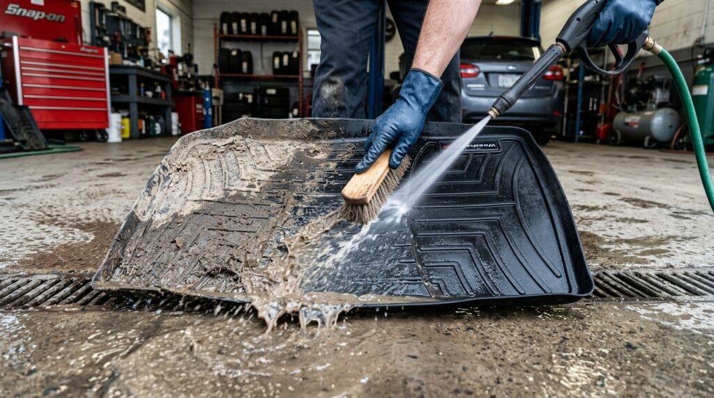 Profissional de detalhamento automotivo ensina como limpar os tapetes de borracha do carro e remover sujeira acumulada com técnica de escovação sem deixar o material opaco