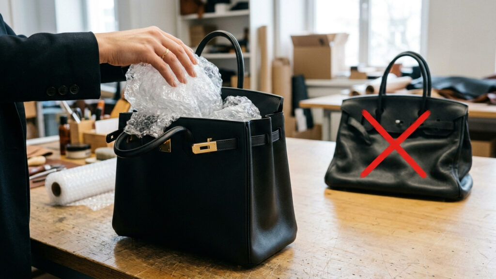 Adeus bolsas de couro deformadas: a nova técnica de usar plástico bolha como enchimento para manter a estrutura original sem manchar o forro