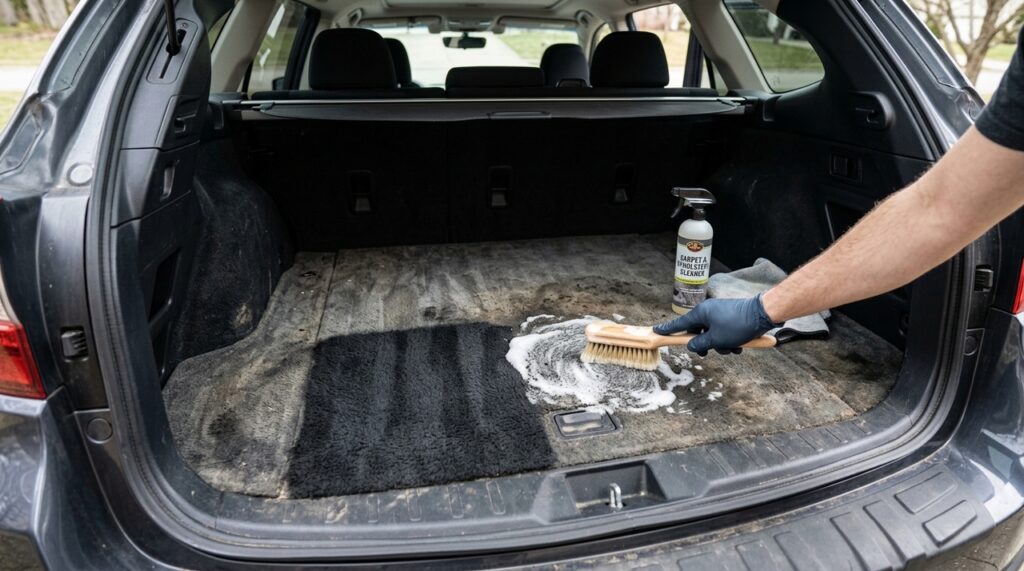 Detailer automotivo ensina como remover manchas do porta-malas usando pré-tratamento e extração localizada para recuperar o carpete sem espalhar a sujeira
