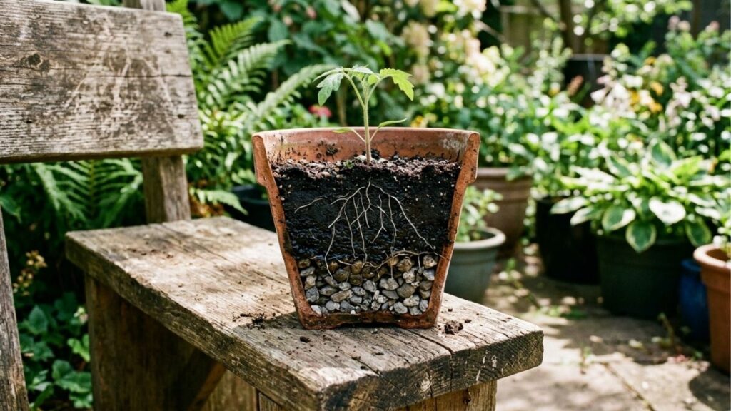 Linda Chalker-Scott, horticultora nos EUA: a camada de pedras no fundo do vaso não melhora a drenagem, mas faz a água se acumular perto das raízes