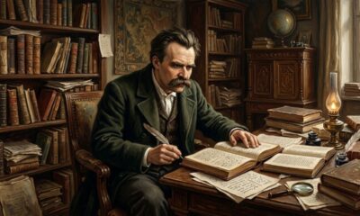 Frase de Friedrich Nietzsche sobre pensamento próprio: “A maioria das pessoas não pensa, repete; adota as opiniões de quem está ao redor, veste-as como roupas emprestadas e chama isso de visão de mundo.” Uma reflexão sobre a importância de pensar por conta própria