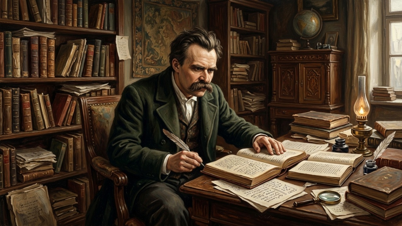 Frase de Friedrich Nietzsche sobre pensamento próprio: “A maioria das pessoas não pensa, repete; adota as opiniões de quem está ao redor, veste-as como roupas emprestadas e chama isso de visão de mundo.” Uma reflexão sobre a importância de pensar por conta própria