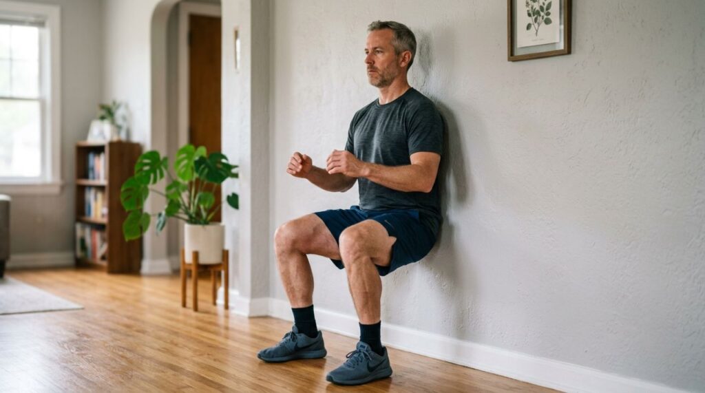 Depois dos 40, este exercício na parede fortalece pernas e abdômen sem precisar de aparelhos