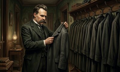 Frase de Friedrich Nietzsche: “A maioria das pessoas não pensa; repete. Adota as opiniões de quem está ao seu redor, veste-as como roupas emprestadas e chama isso de visão de mundo.” Uma reflexão sobre opiniões emprestadas e identidade própria