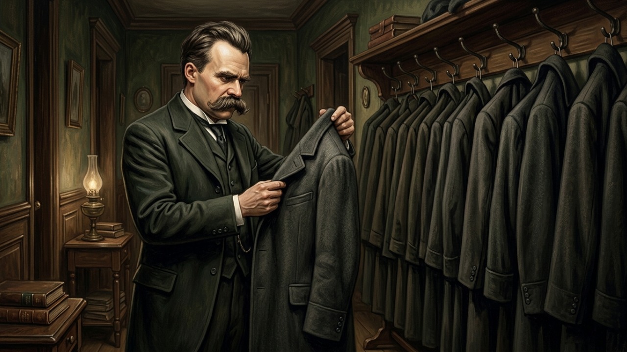 Frase de Friedrich Nietzsche: “A maioria das pessoas não pensa; repete. Adota as opiniões de quem está ao seu redor, veste-as como roupas emprestadas e chama isso de visão de mundo.” Uma reflexão sobre opiniões emprestadas e identidade própria