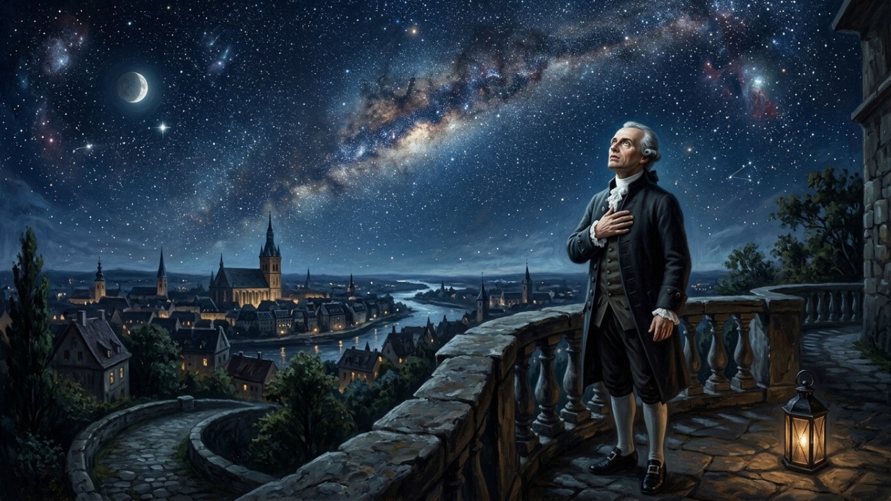 Frase de Immanuel Kant: “Duas coisas enchem a mente de admiração: o céu estrelado acima de mim e a lei moral dentro de mim.” Uma mensagem sobre consciência e humanidade