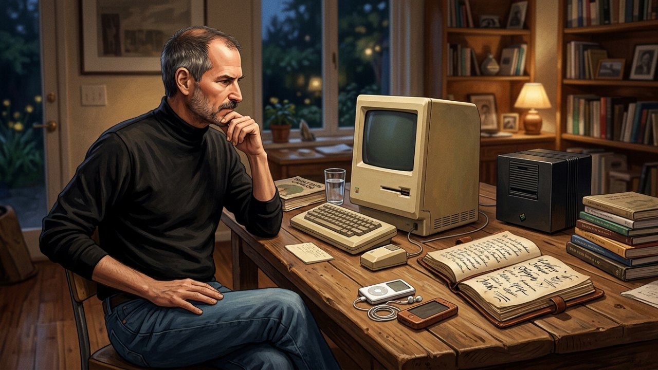 Steve Jobs, fundador da Apple, sobre escolhas: “Você não consegue ligar os pontos olhando para frente.” A reflexão sobre decisões que só fazem sentido depois