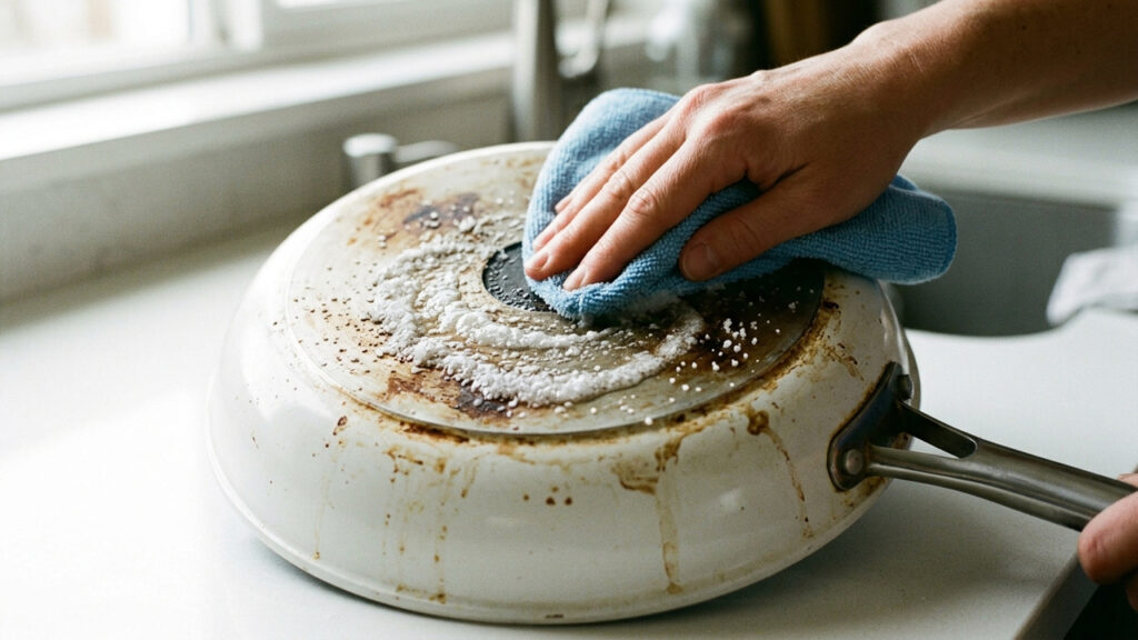 Misturar sal fino com sabão líquido: para que serve o esfoliante caseiro suave que limpa o fundo de frigideiras de cerâmica sem riscar a peça