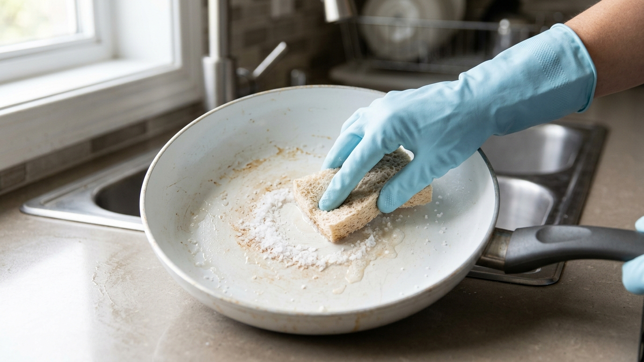 Misturar sal fino com sabão líquido: para que serve o esfoliante caseiro suave que limpa o fundo de frigideiras de cerâmica sem riscar a peça