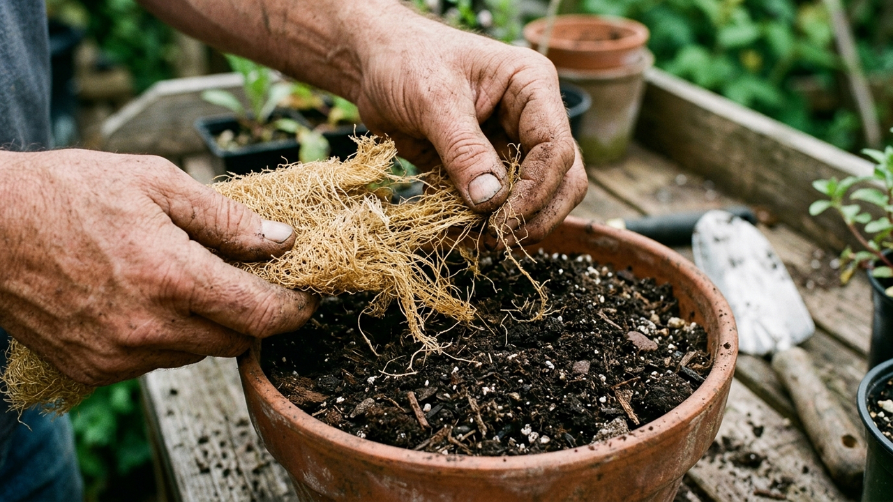 Misturar bucha vegetal velha e desfiada na terra: o truque caseiro simples para deixar o substrato de vasos incrivelmente aerado e drenado