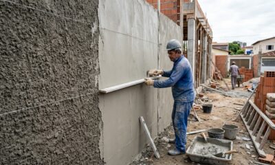 Pedreiros ensinam o traço de cimento, areia e água na proporção exata para rebocar uma parede sem que o reboco caia
