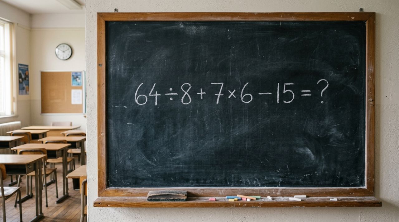 Quem lembra da matemática da escola resolve em segundos: 64 ÷ 8 + 7 × 6 − 15