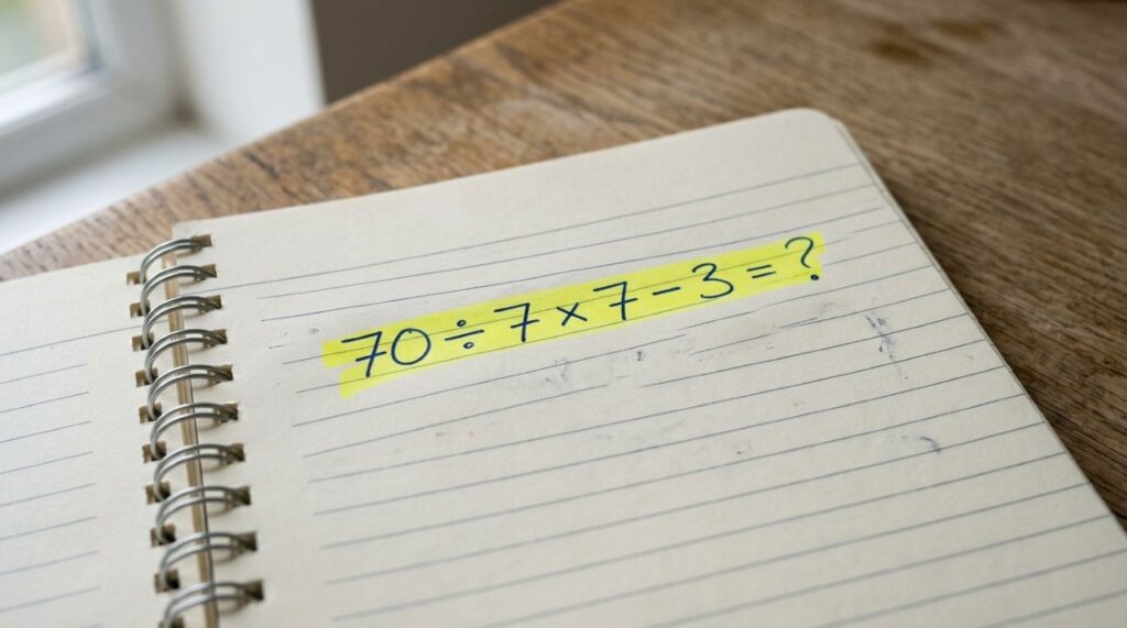 Se resolver 70 ÷ 7 × 7 − 3 rapidamente, seu cálculo mental está afiado