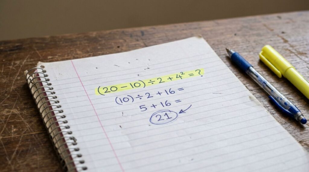 Parece conta de escola, mas exige atenção: quanto dá (20 − 10) ÷ 2 + 4²?