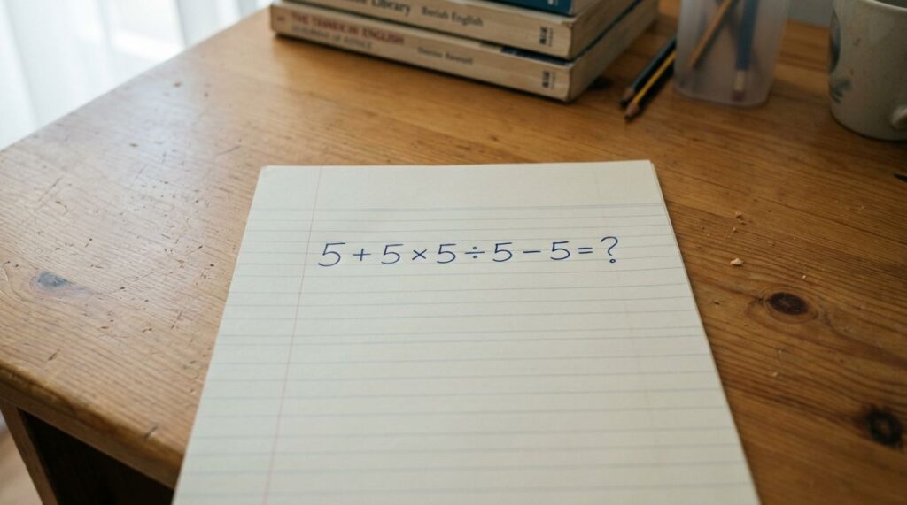 Parece que repetir o número facilita a conta, mas 5 + 5 × 5 ÷ 5 – 5 exige atenção a um detalhe que muda completamente a resposta