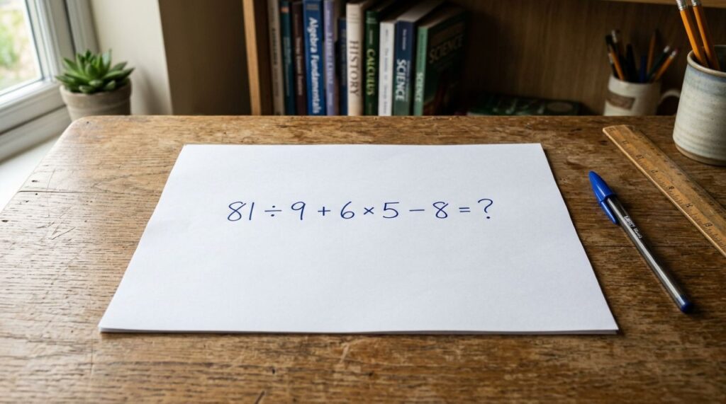 Parece conta de criança, mas tente resolver em 20 segundos: 81 ÷ 9 + 6 × 5 – 8