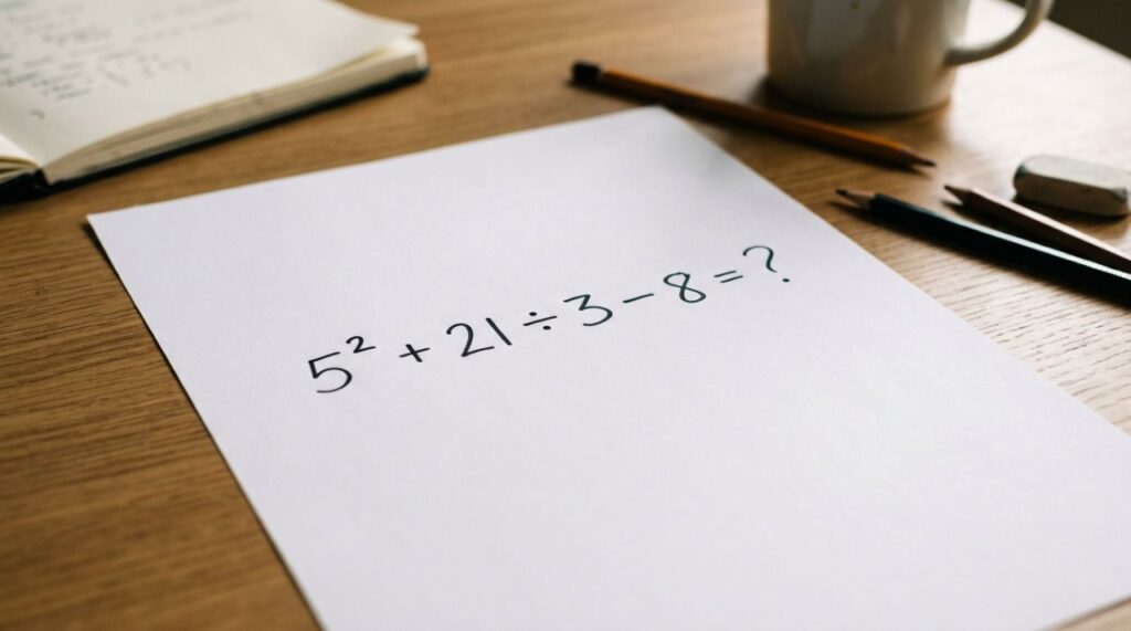 Quem estudou nos anos 80 e 90 consegue resolver esta sem calculadora: 5² + 21 ÷ 3 – 8
