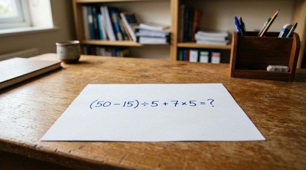 Sem calculadora, prove que ainda lembra da matemática básica: (50 – 15) ÷ 5 + 7 × 5