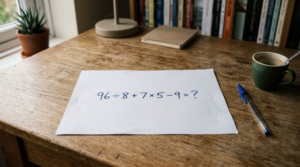 Quem lembra da matemática da escola resolve em segundos: 96 ÷ 8 + 7 × 5 − 9