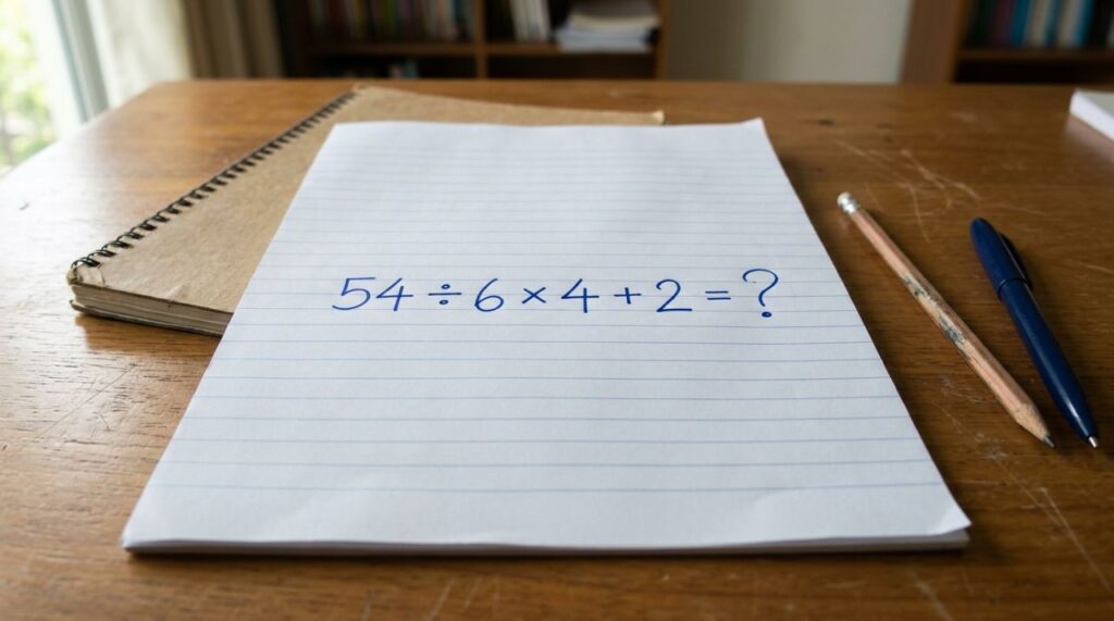 Quem resolve esta em menos de 15 segundos ainda lembra bem da matemática: 54 ÷ 6 × 4 + 2
